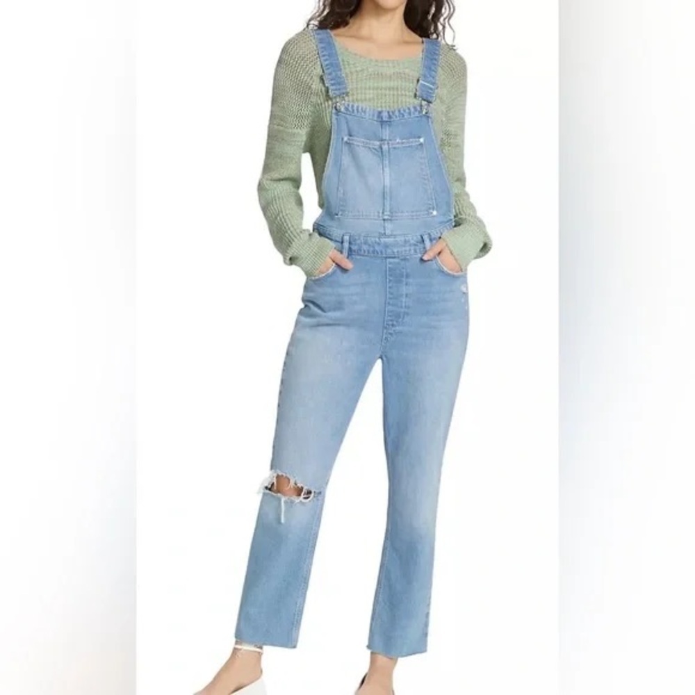 PAIGE Medium Wash Raw Hem Overalls sz 30